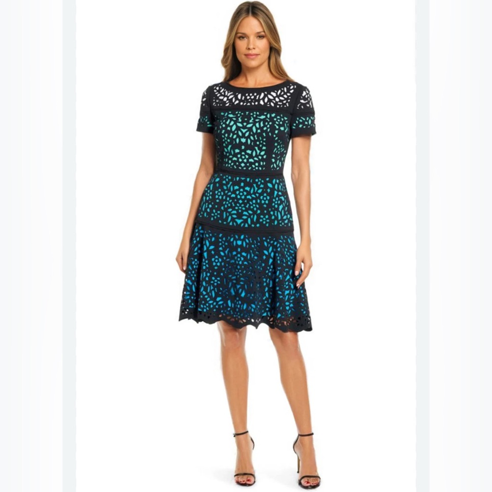 NWT Shani Colorblock Laser Cut Fit & Flare in‎ Teal US 4 $384